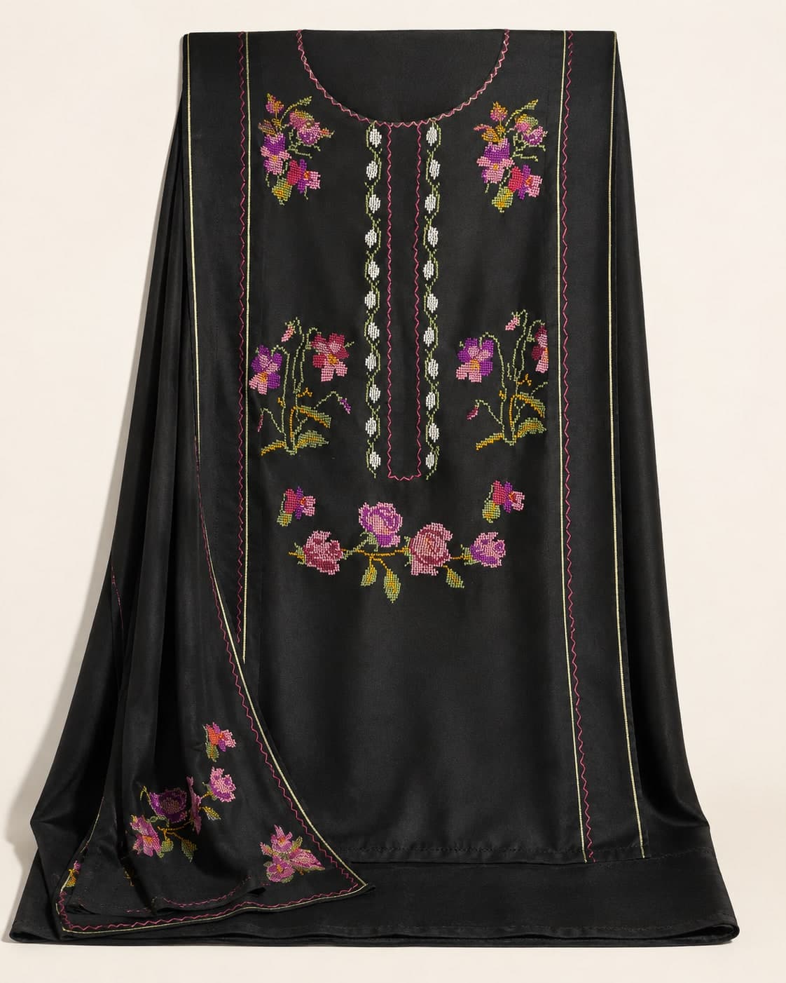 Olive Rose — Deep olive with rose pink, hand embroidered by Ata-e-Zahra