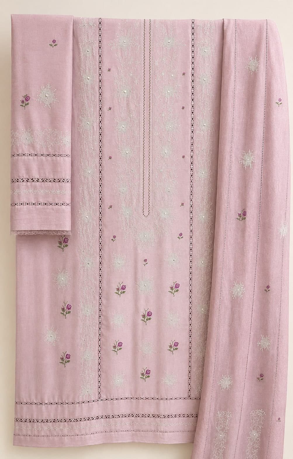 Rose Blush — Rose pink with white, hand embroidered by Ata-e-Zahra
