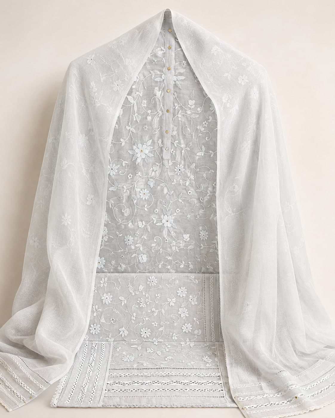 Pearl White — Pearl white, hand embroidered by Ata-e-Zahra