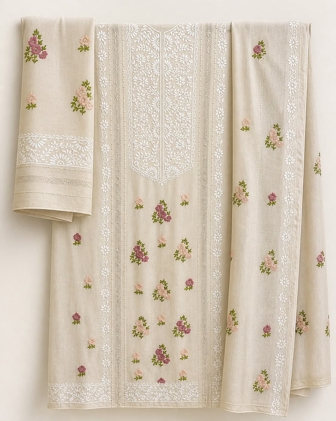 Blossom White — Off-white with pink florals, hand embroidered by Ata-e-Zahra