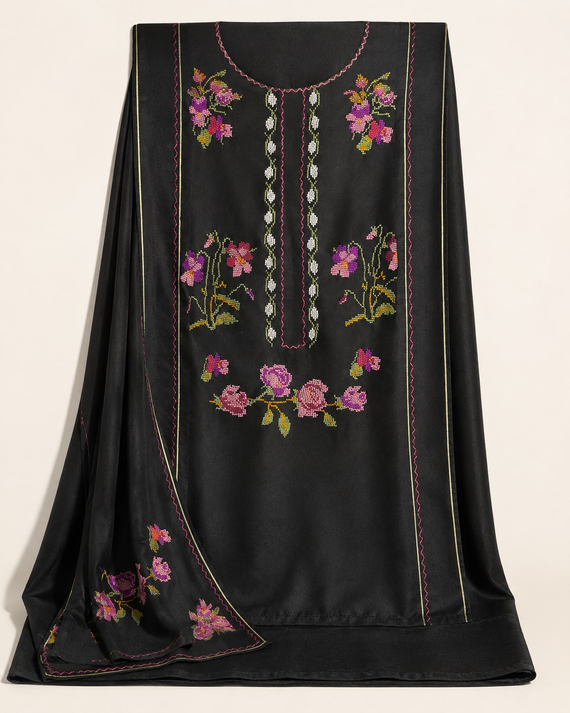 Olive Rose — Deep olive with rose pink, hand embroidered by Ata-e-Zahra