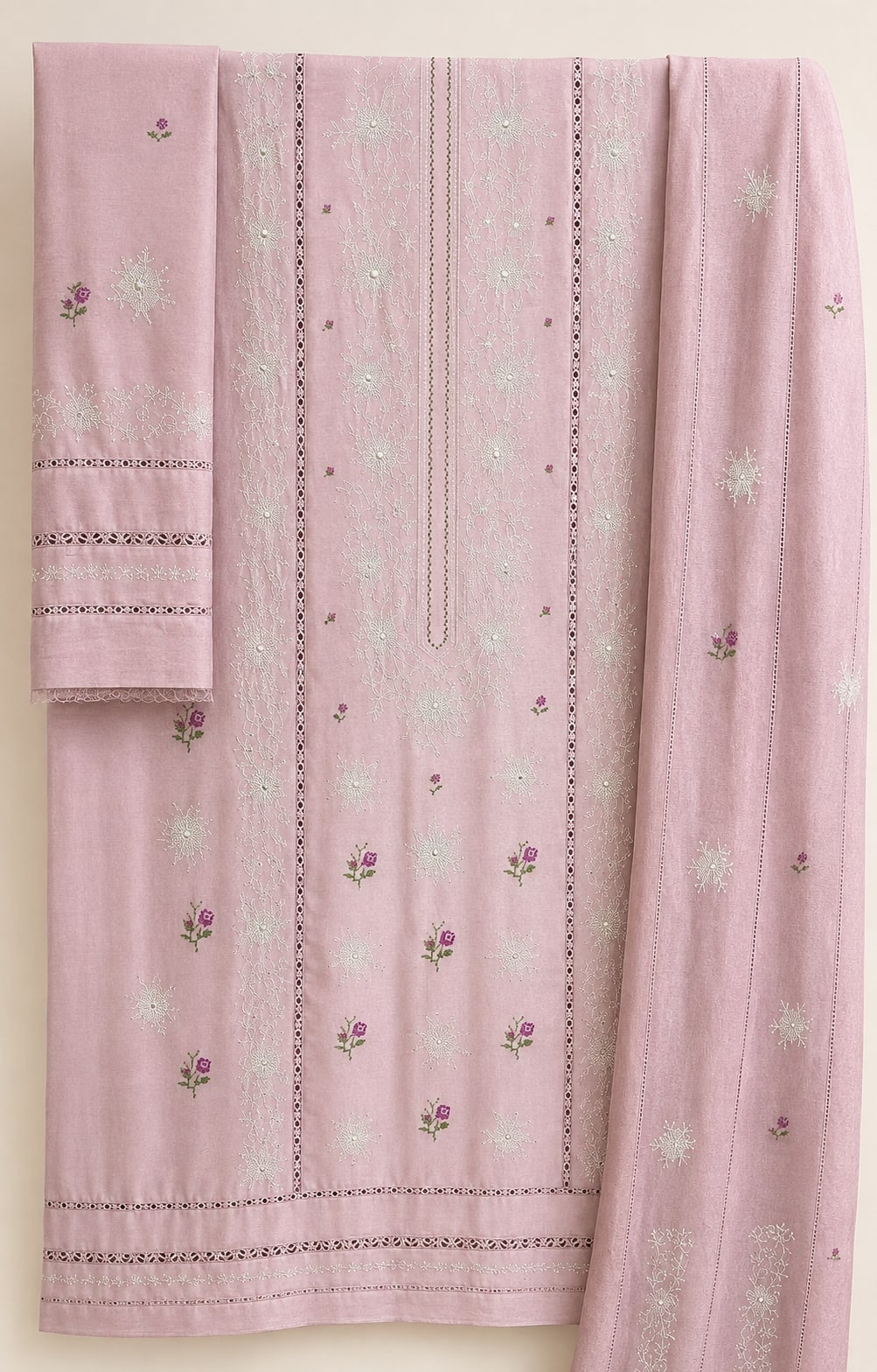 Rose Blush — Rose pink with white, hand embroidered by Ata-e-Zahra