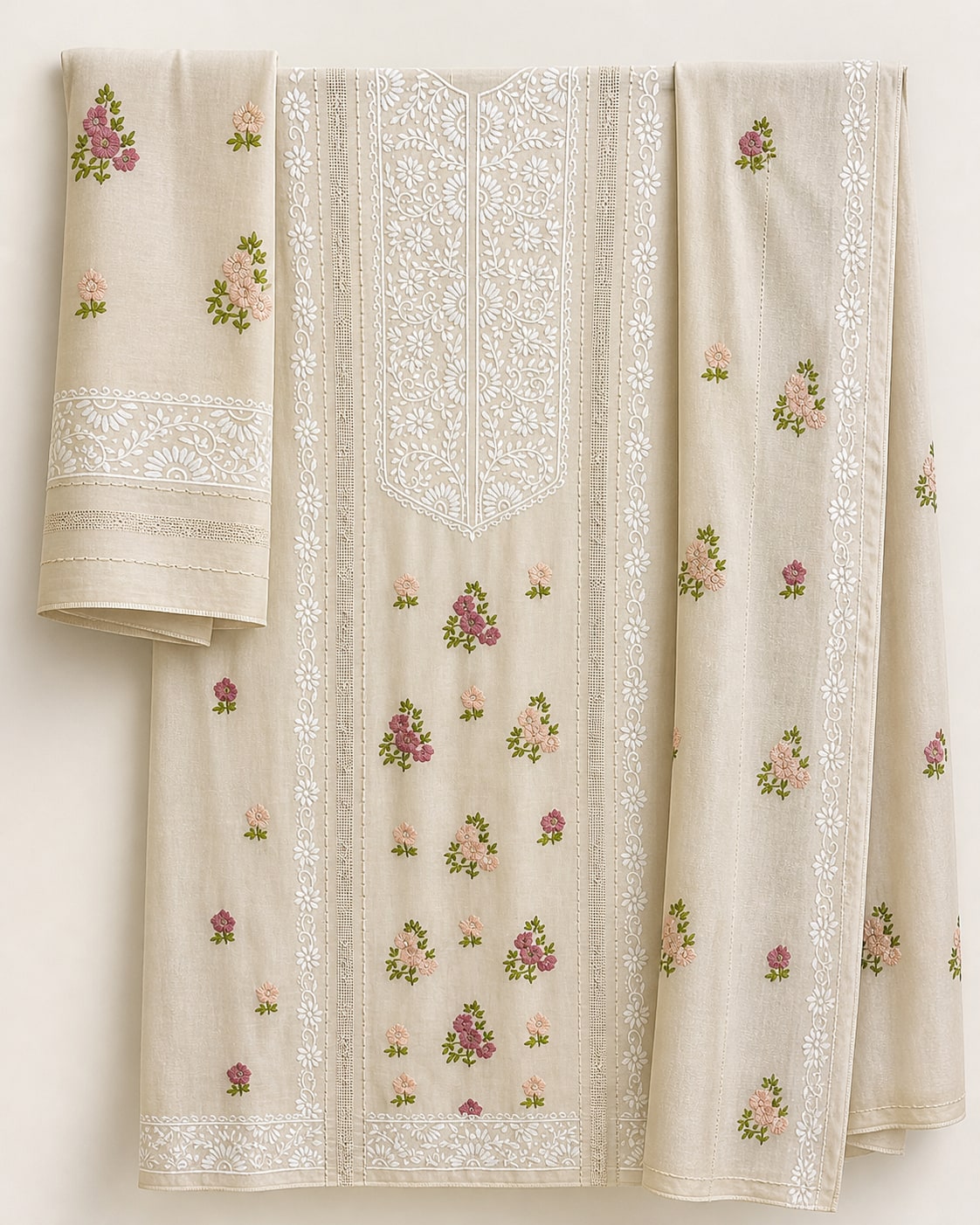 Blossom White — Off-white with pink florals, hand embroidered by Ata-e-Zahra