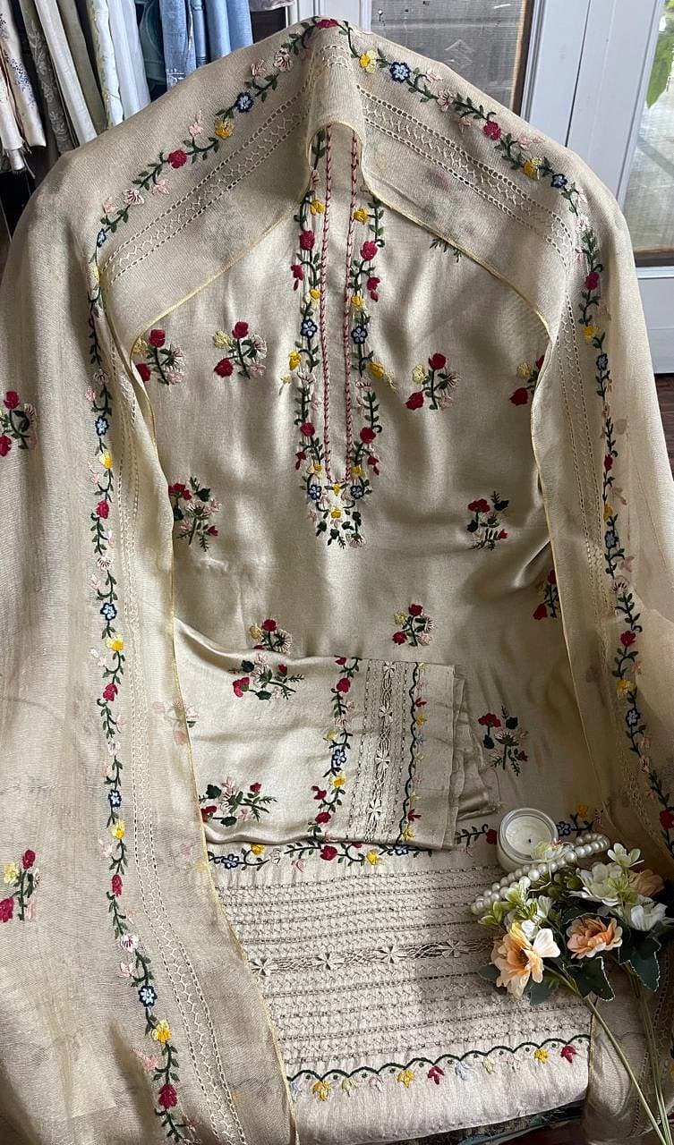 Sand Garden — Sand beige, multicolour florals, hand embroidered by Ata-e-Zahra