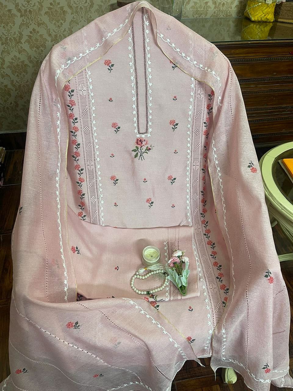 Blush Petal — Blush pink with white, hand embroidered by Ata-e-Zahra