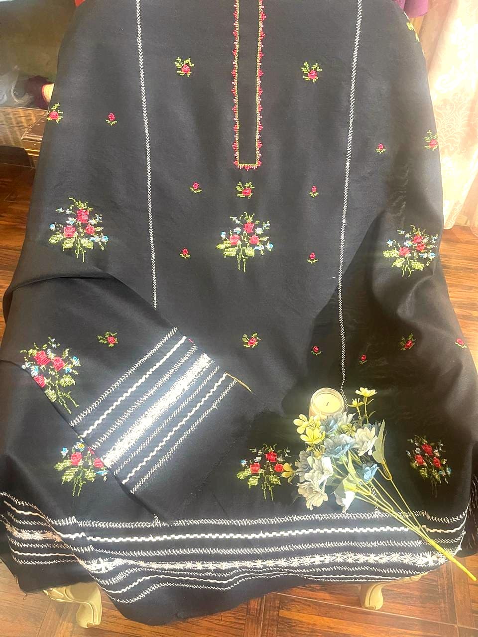 Charcoal Bouquet — Charcoal, multicolour florals, hand embroidered by Ata-e-Zahra