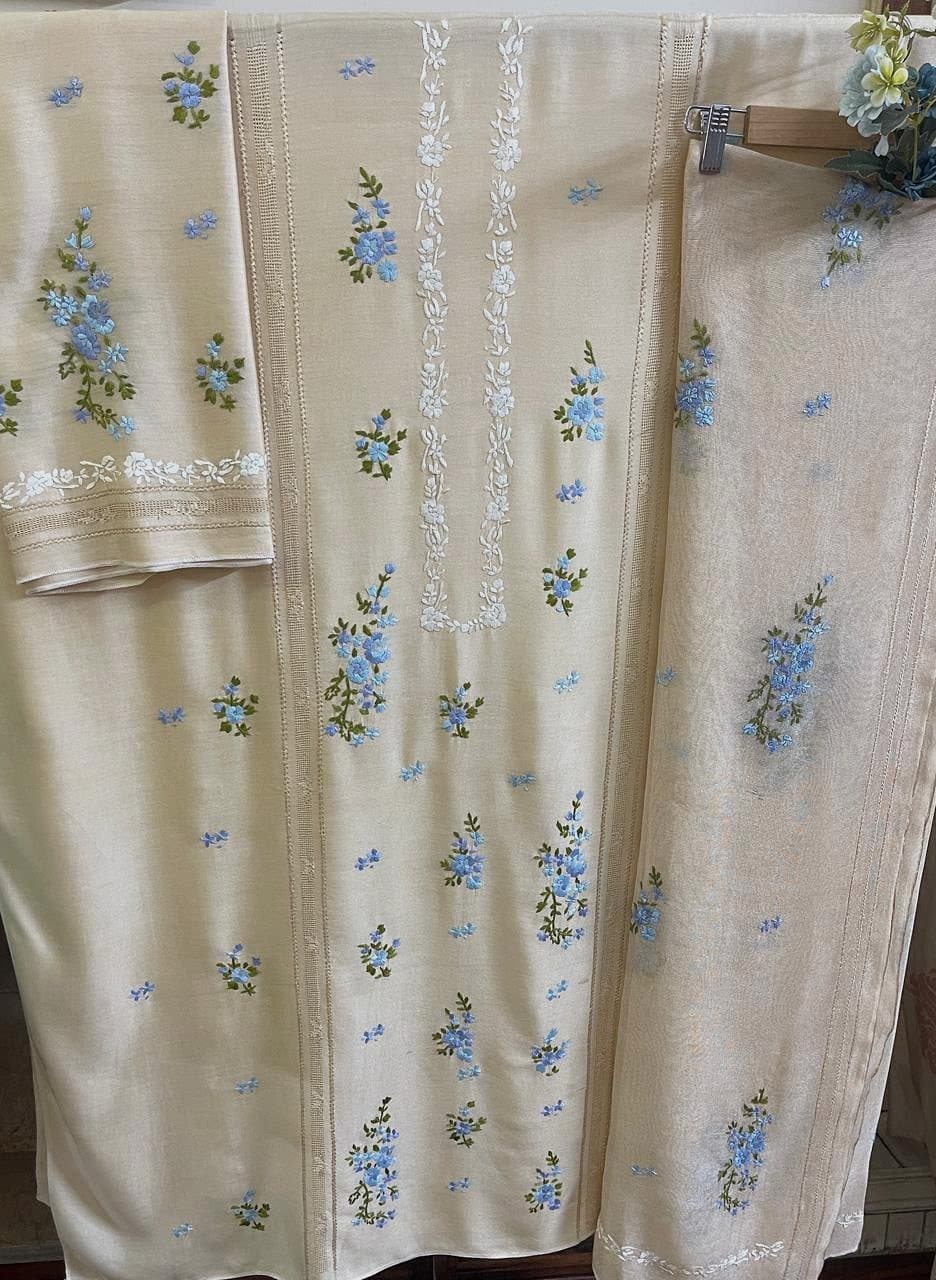 Cream Cornflower — Cream with blue, hand embroidered by Ata-e-Zahra