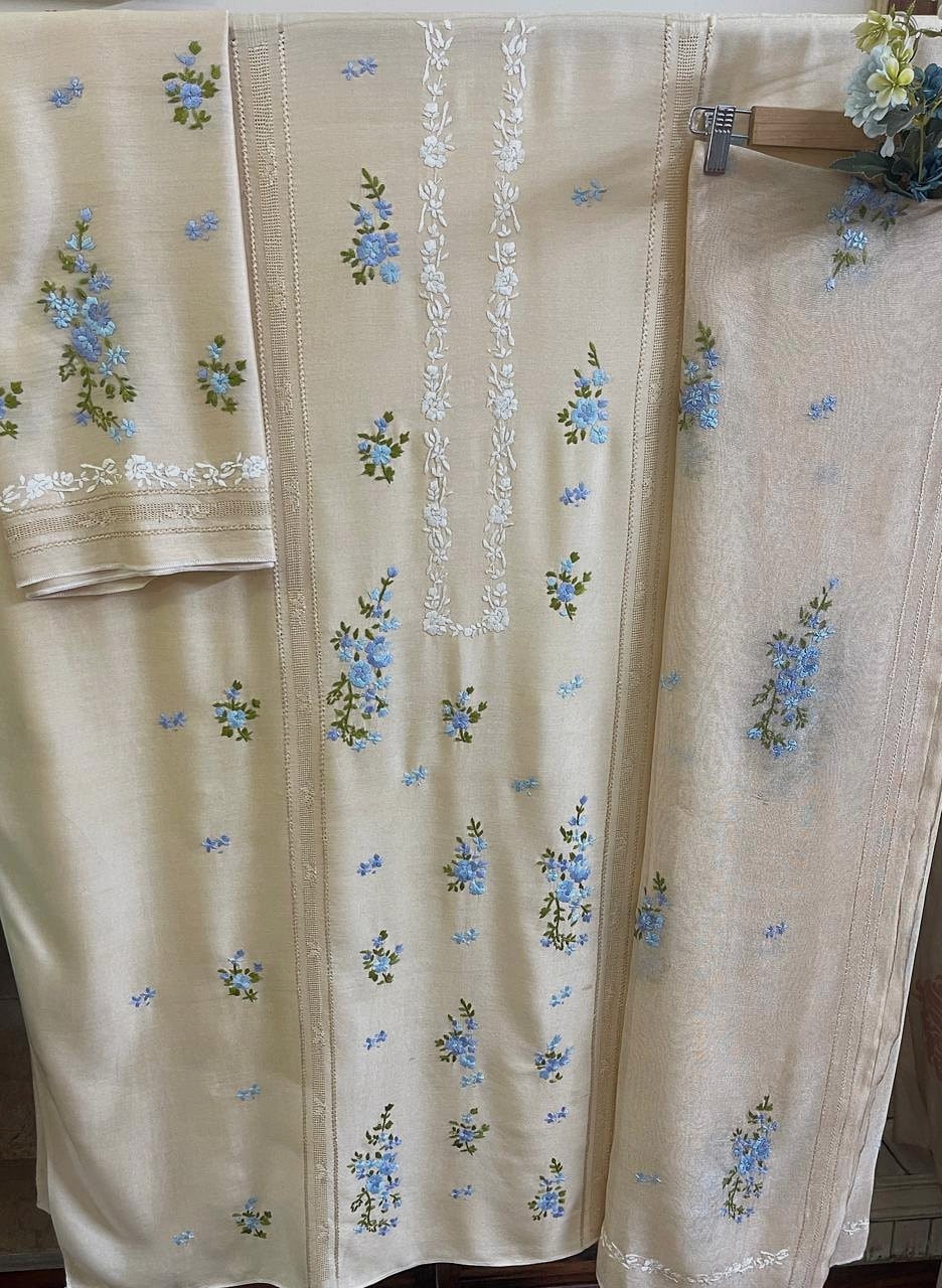 Cream Cornflower — Cream with blue, hand embroidered by Ata-e-Zahra
