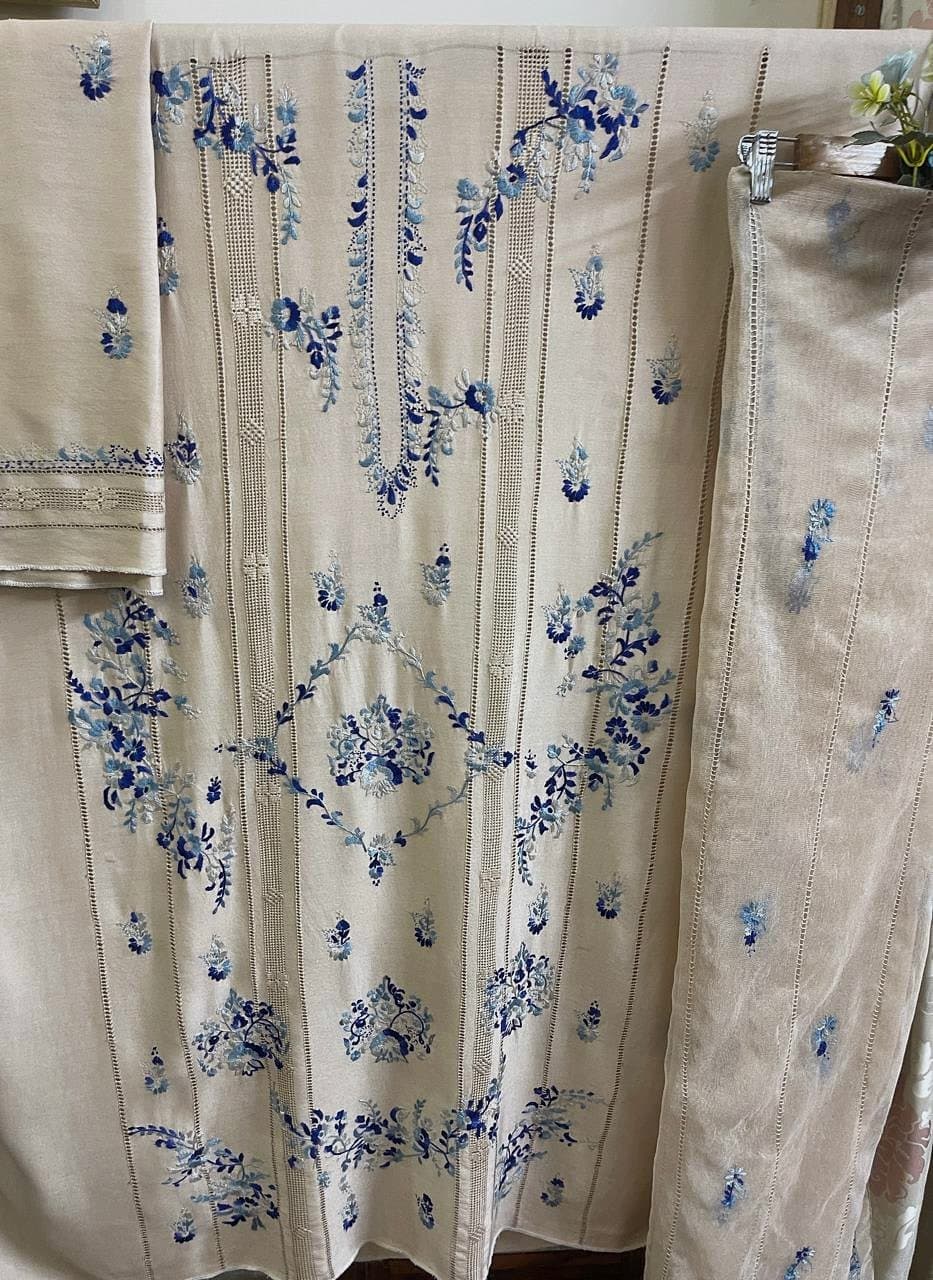 Cream Bluebell — Cream with blue vines, hand embroidered by Ata-e-Zahra