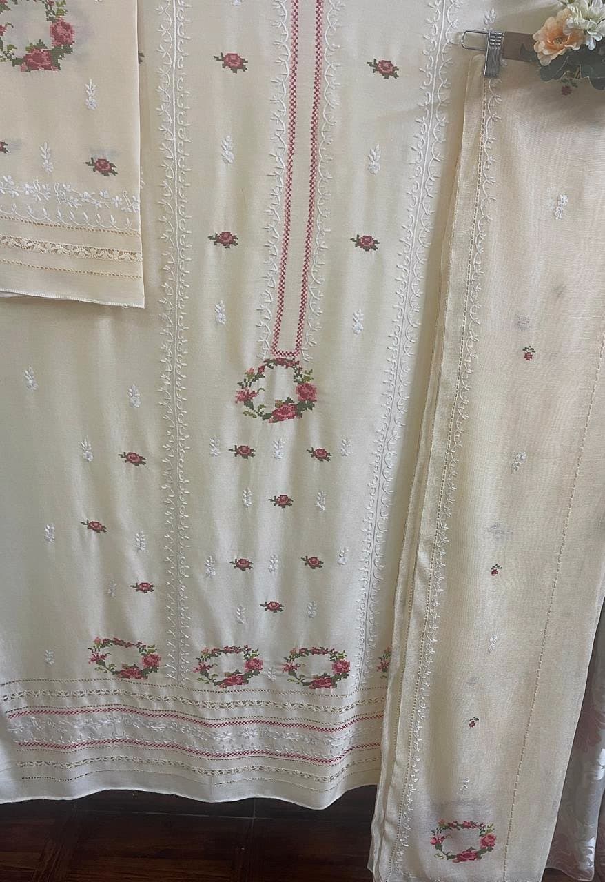 Ivory Wreath — Ivory with rose pink, hand embroidered by Ata-e-Zahra