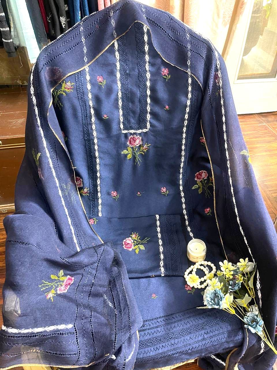 Navy Bloom — Navy with rose pink, hand embroidered by Ata-e-Zahra