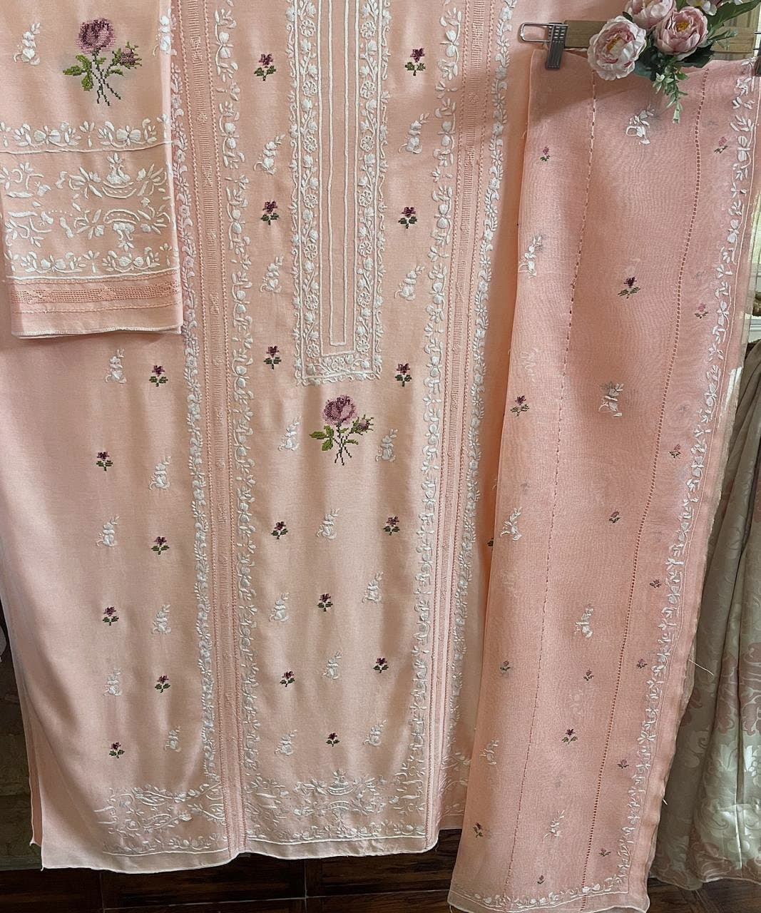 Peach Rose — Peach with white, hand embroidered by Ata-e-Zahra