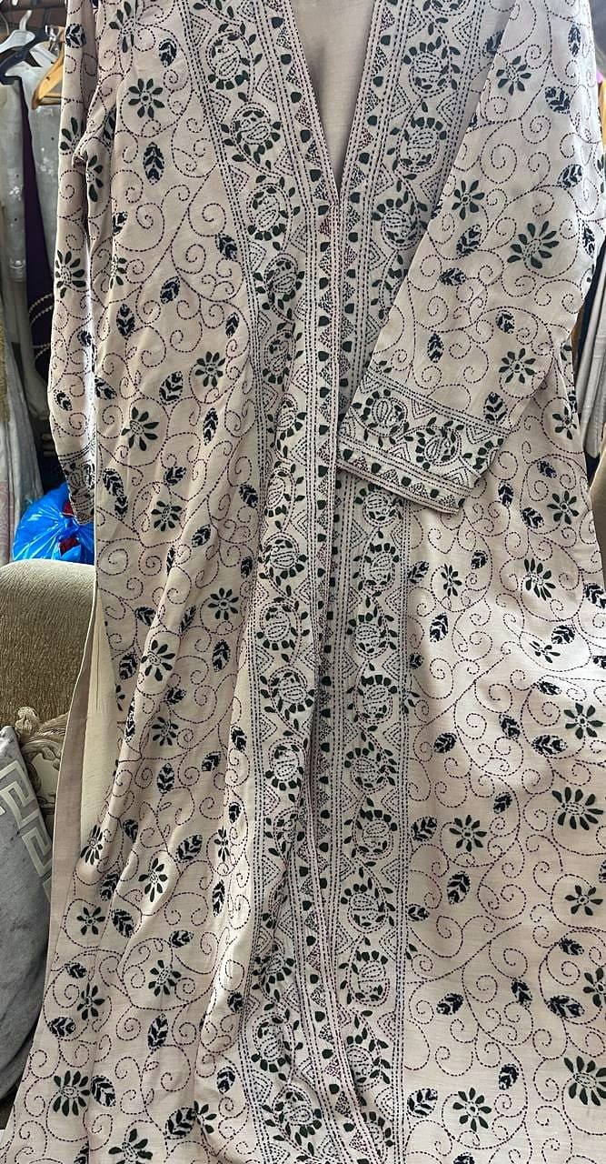 Monochrome Vine — White with black, hand embroidered by Ata-e-Zahra