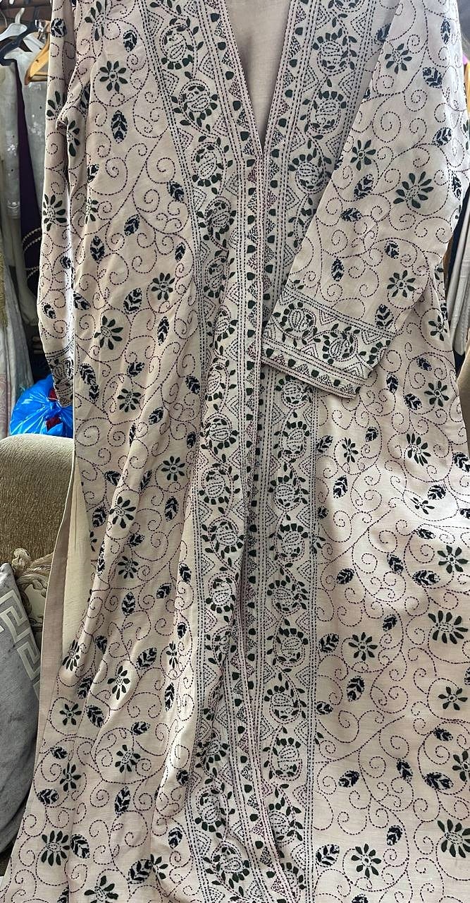 Monochrome Vine — White with black, hand embroidered by Ata-e-Zahra