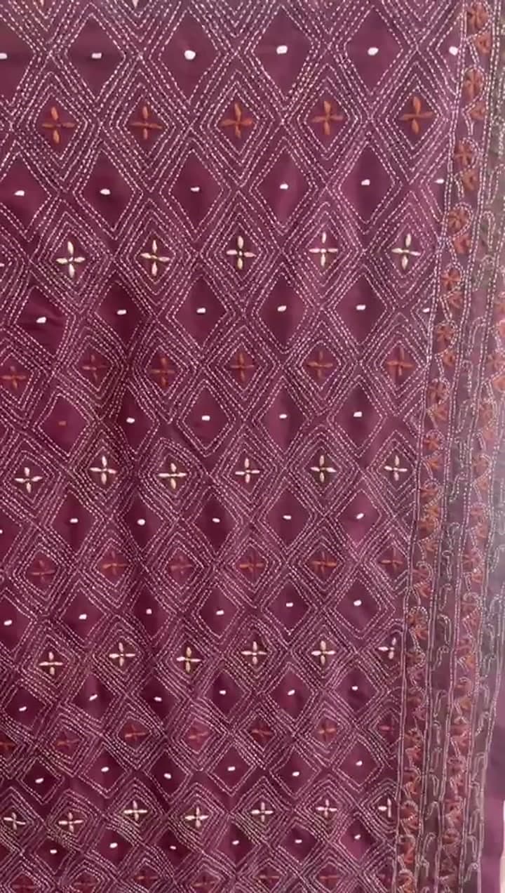 Garnet silk chadar: ivory diamond hand embroidery and warm rust motifs